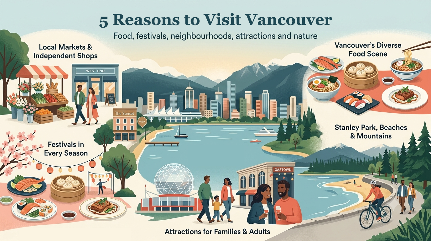 Illustration of Vancouver markets, festivals, diverse food, attractions, Stanley Park, beaches and mountains