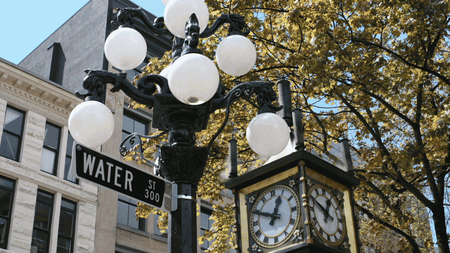 Restaurants and heritage buildings along Water Street in Vancouver's Gastown neighbourhood