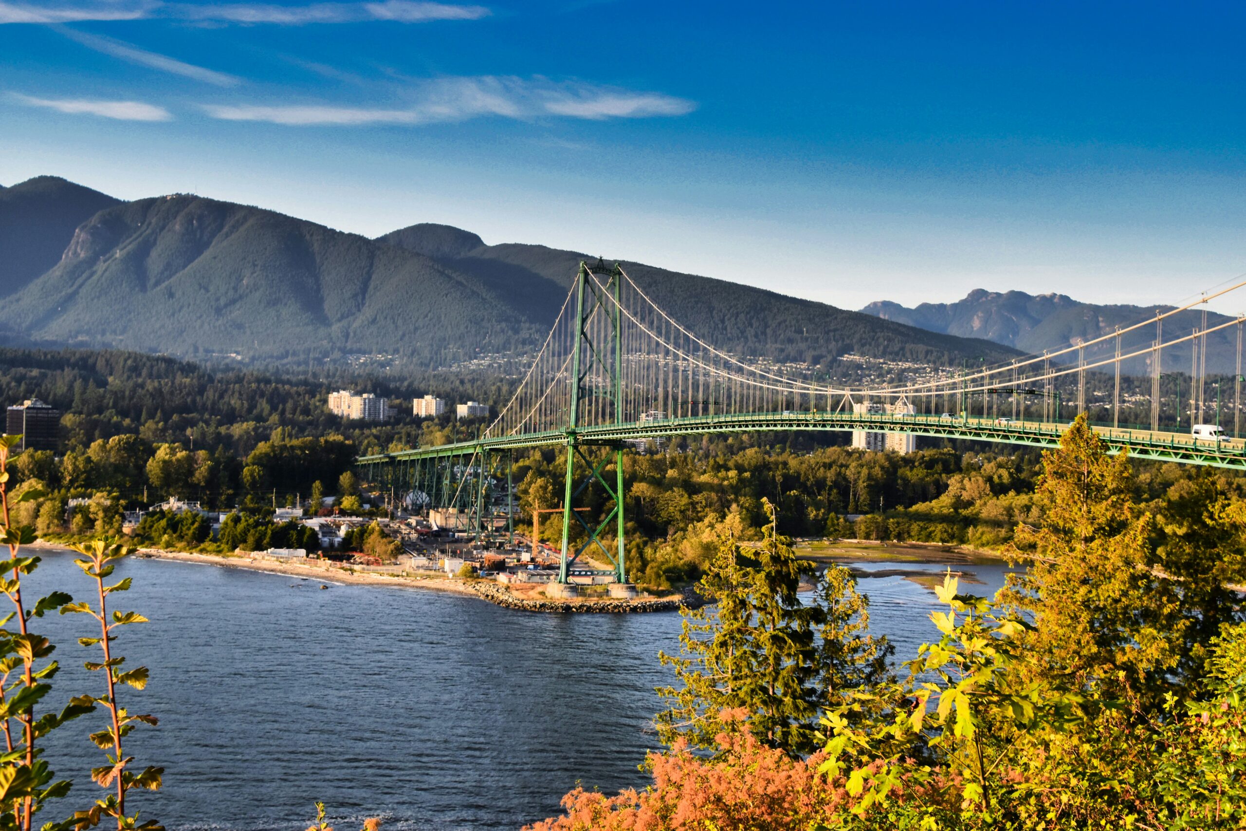Lions Gate Bridge with Vancouver mountains and waterfront